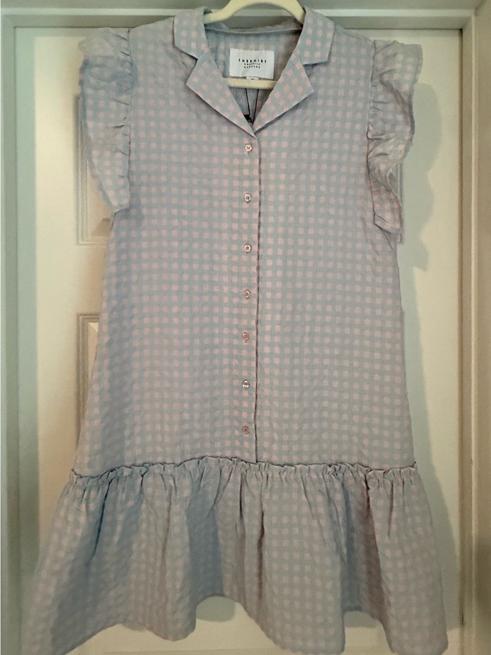 NWT The Shirt by Rochelle Behrens Light Blue Gingham Ruffle-Sleeve  Dress SIZE M